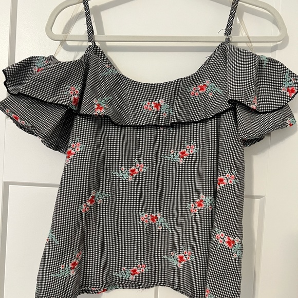 Gypsies & Moondust Juniors Blouse Ruffled Black White Gingham Off Shoulder - Picture 3 of 7